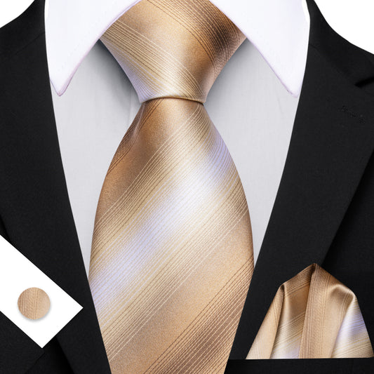 Barry. Wang Champagne Tie Silk Striped Necktie Pocket Square Cufflinks Set