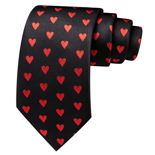 Barry. Wang Black Tie Red Heart Novelty Mens Tie Hanky Cufflinks Set
