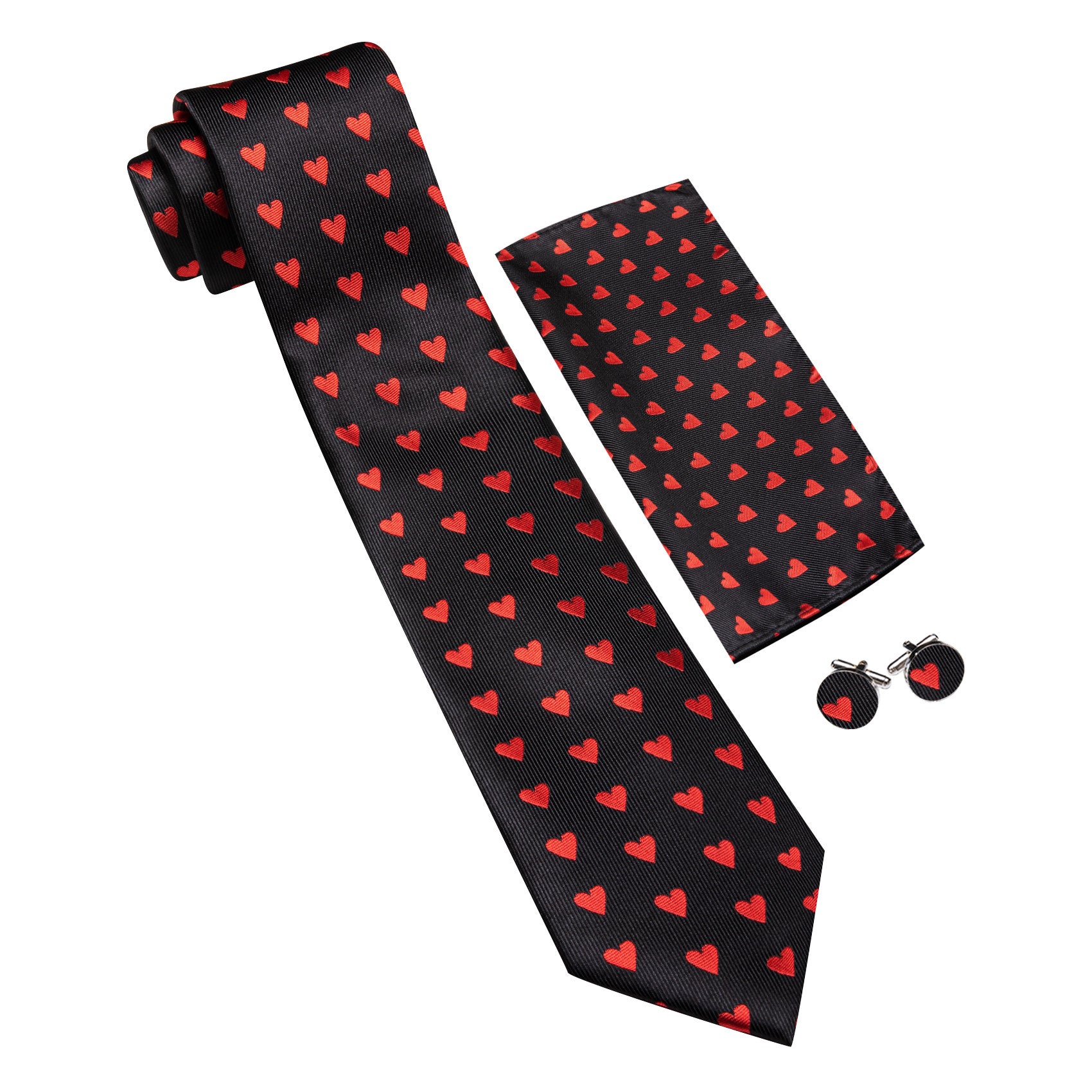 Barry. Wang Black Tie Red Heart Novelty Mens Tie Hanky Cufflinks Set