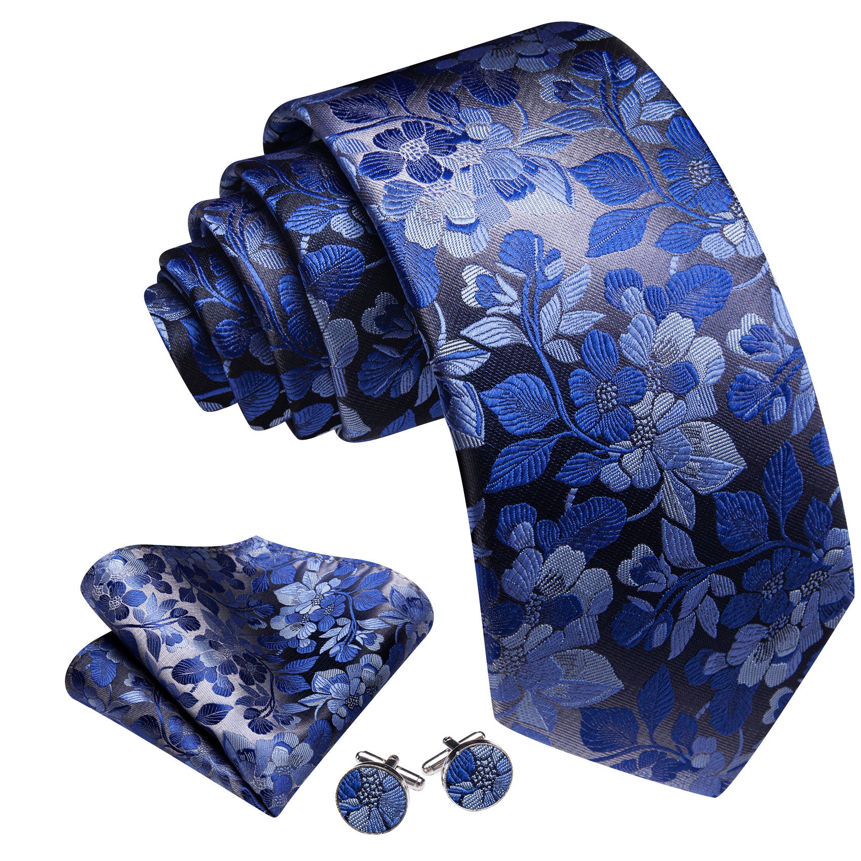 Barry. Wang Floral Necktie Royal Blue Silk Tie Pocket Square Cufflinks Set
