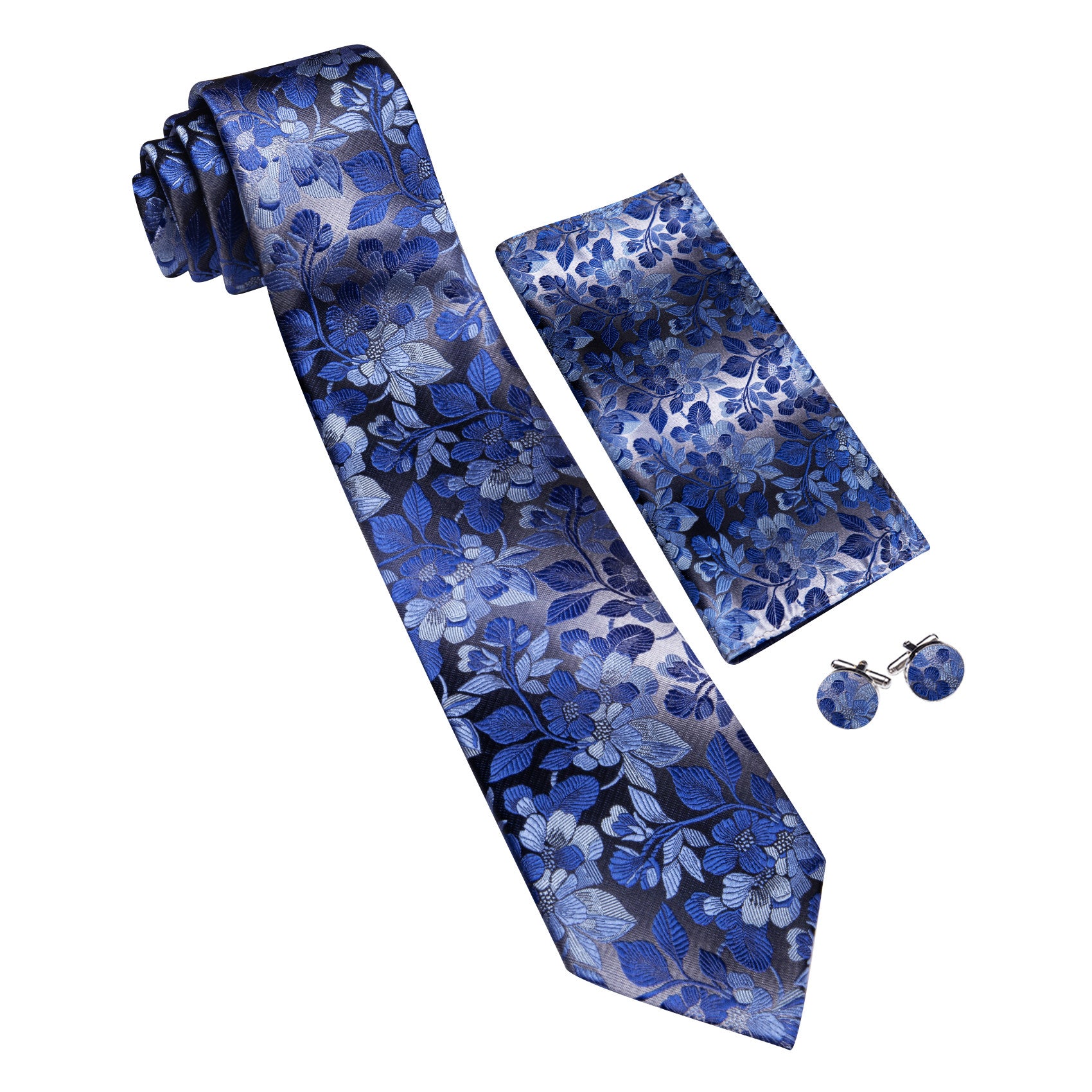 Barry. Wang Floral Necktie Royal Blue Silk Tie Pocket Square Cufflinks Set