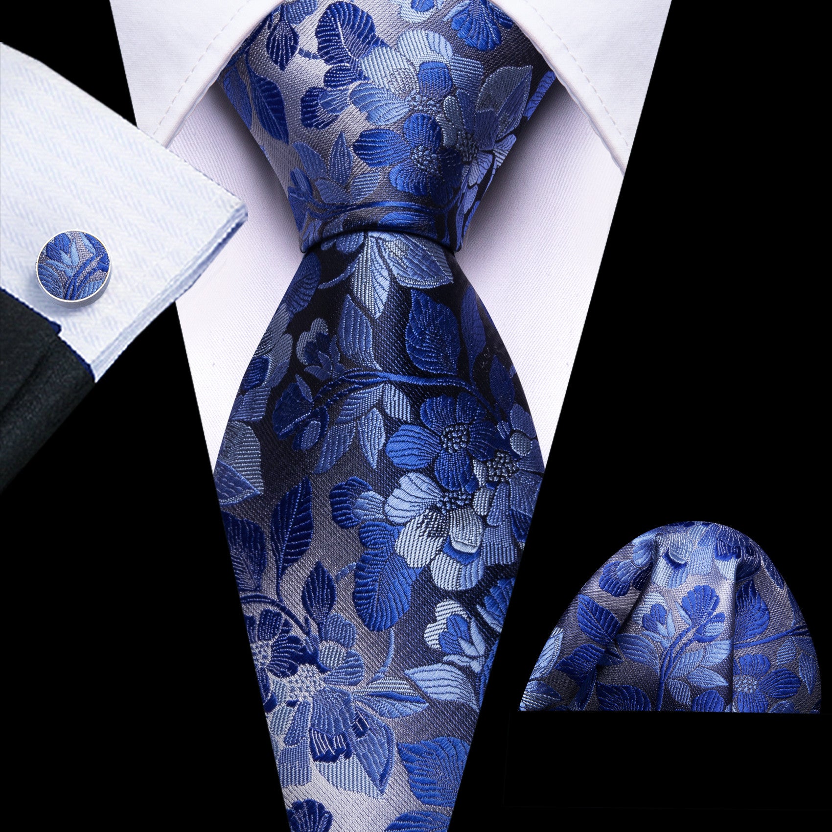 Barry. Wang Floral Necktie Royal Blue Silk Tie Pocket Square Cufflinks Set