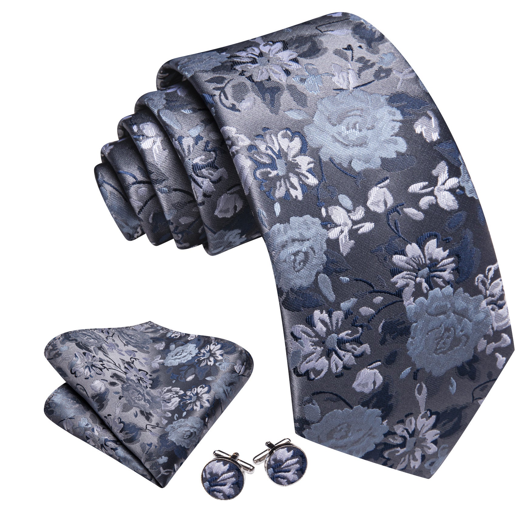 Barry. Wang Floral Tie Ice Blue Silk Necktie Hanky Cufflinks Set