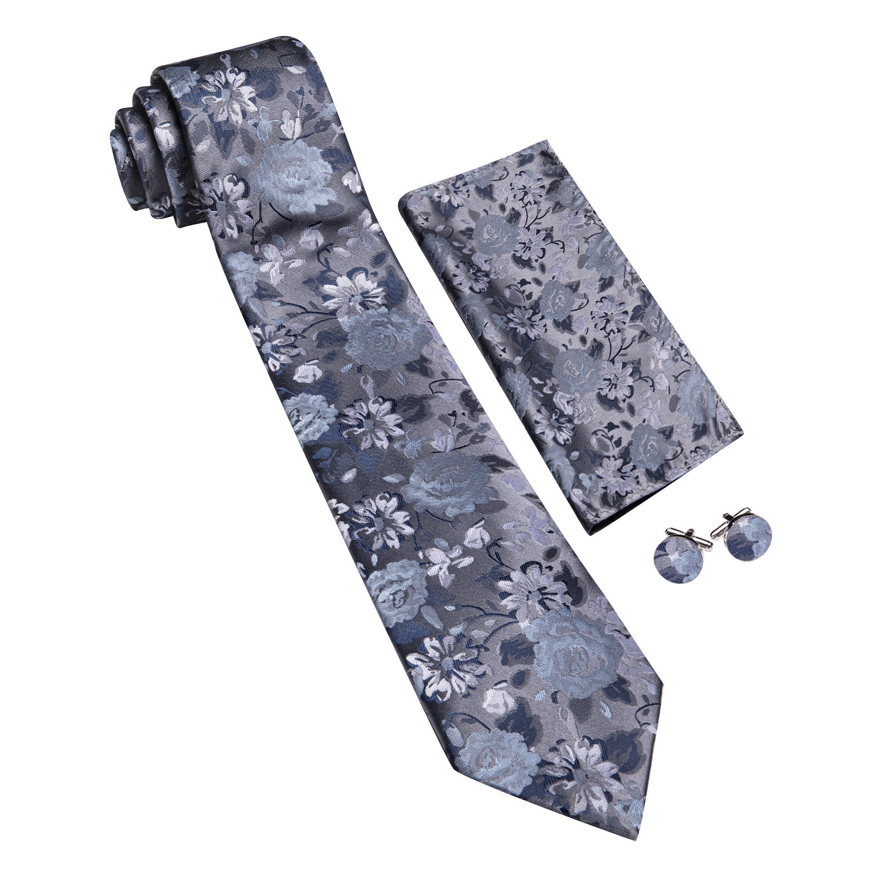 Barry. Wang Floral Tie Ice Blue Silk Necktie Hanky Cufflinks Set