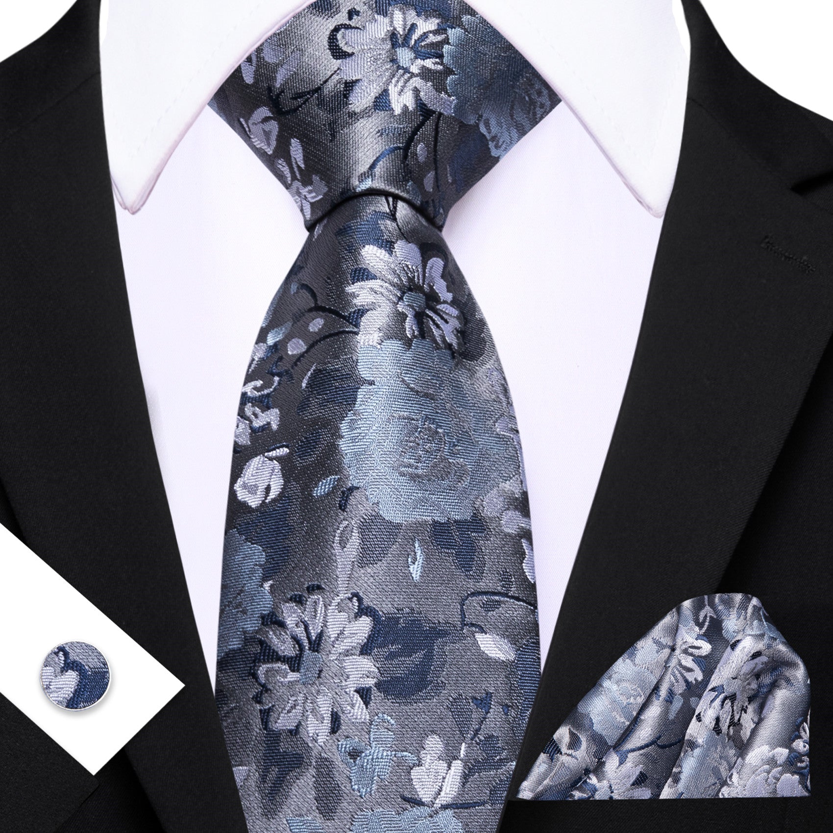 Barry. Wang Floral Tie Ice Blue Silk Necktie Hanky Cufflinks Set
