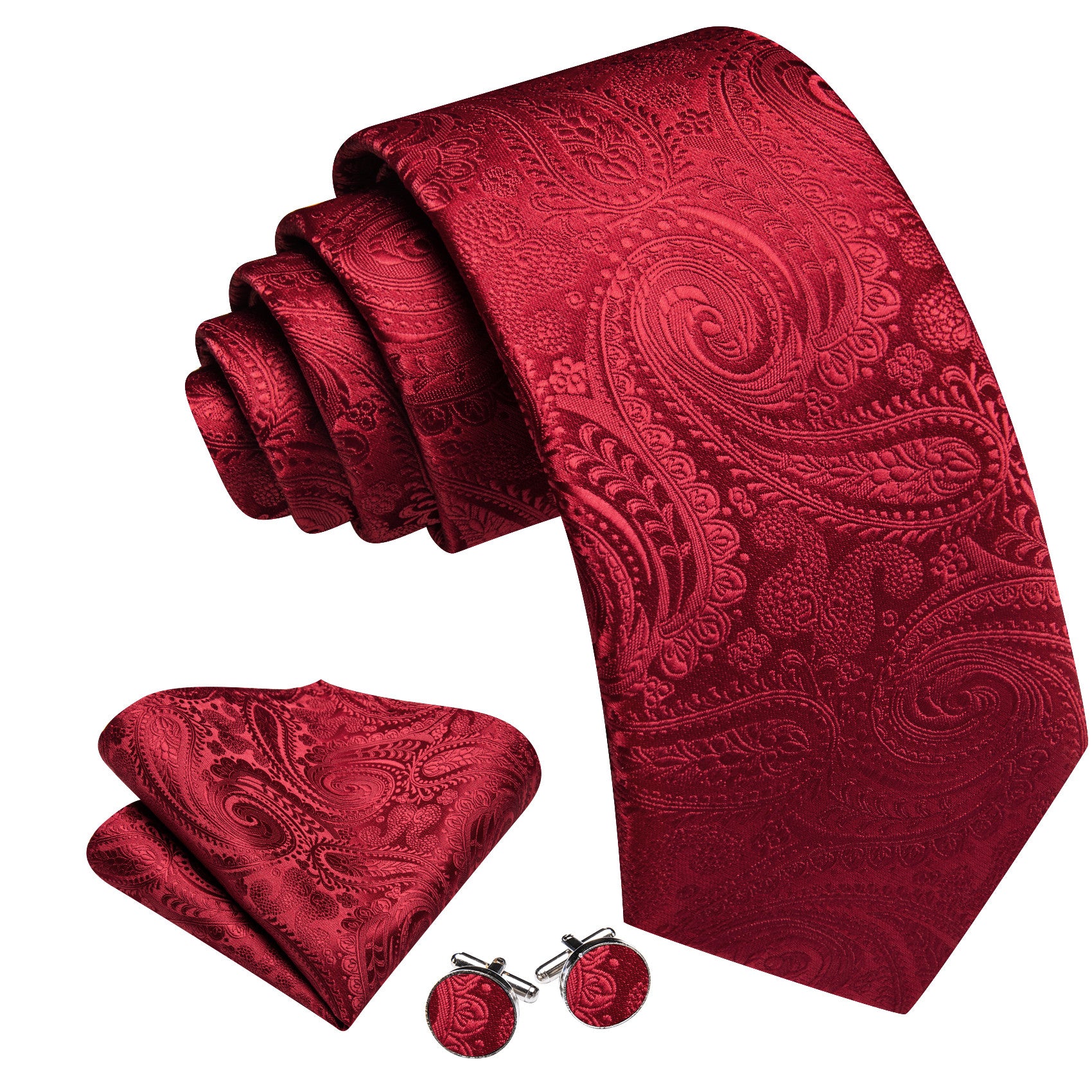 Barry. Wang Burgundy Tie Paisley Silk Mens Tie Pocket Square Cufflinks Set