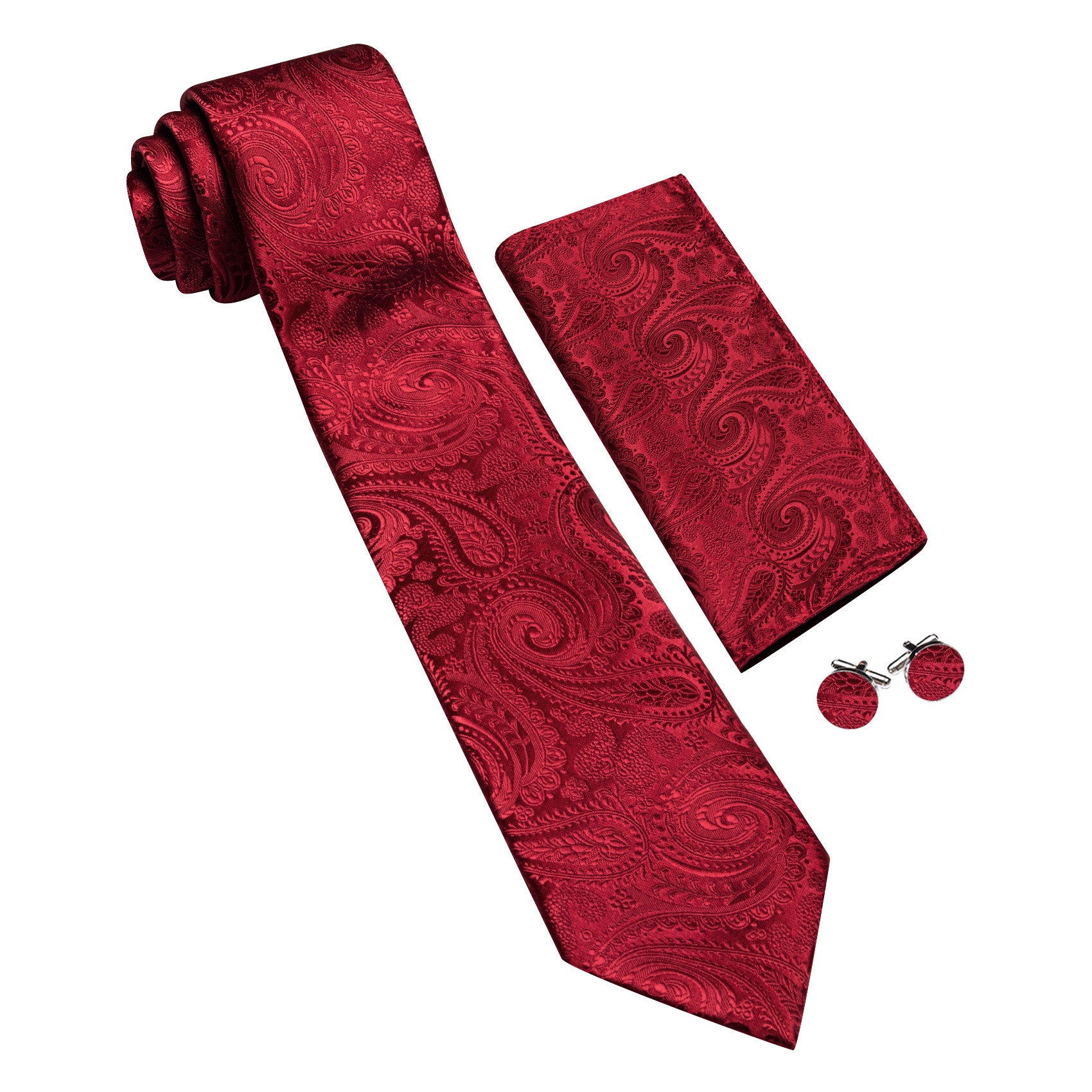 Barry. Wang Burgundy Tie Paisley Silk Mens Tie Pocket Square Cufflinks Set