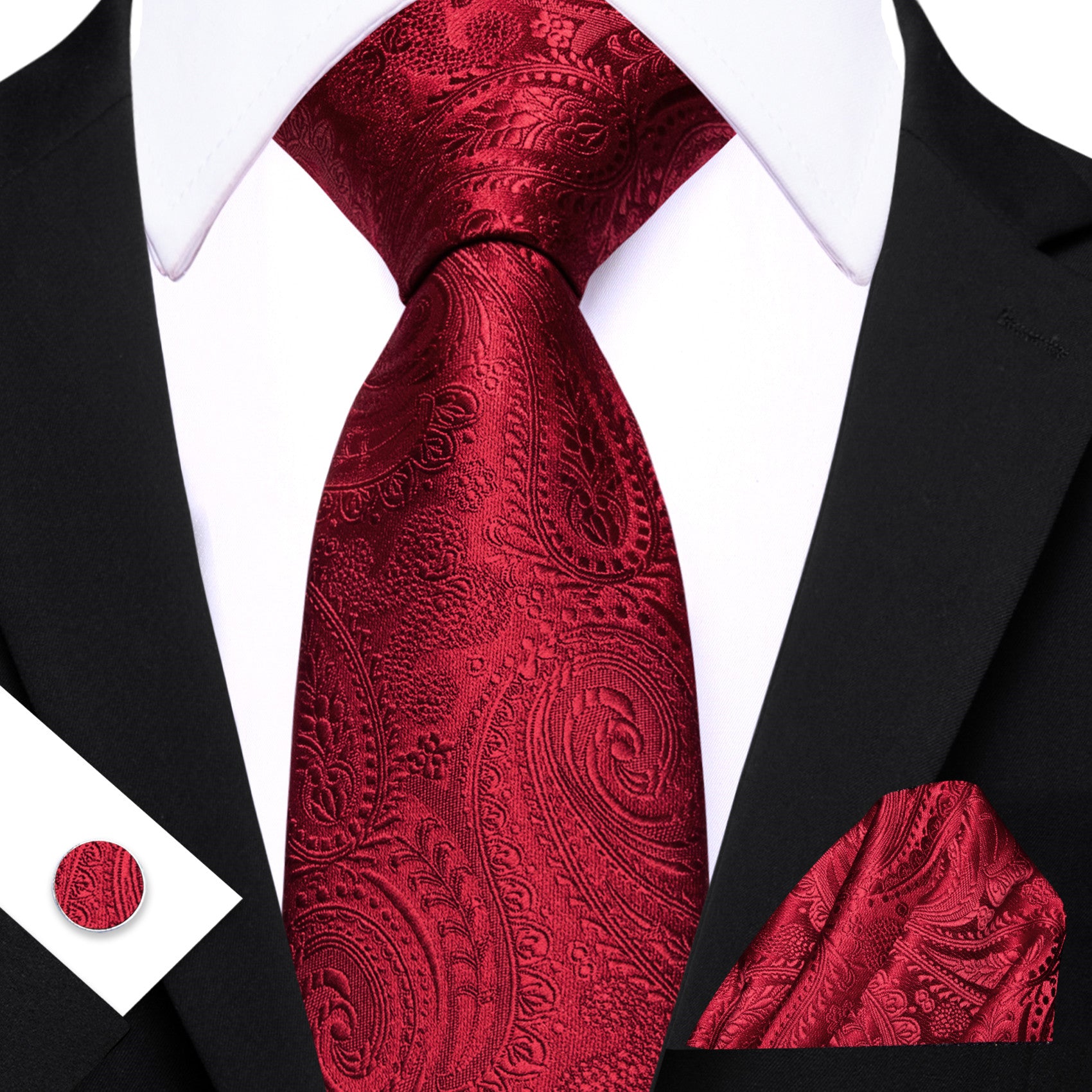 Barry. Wang Burgundy Tie Paisley Silk Mens Tie Pocket Square Cufflinks Set