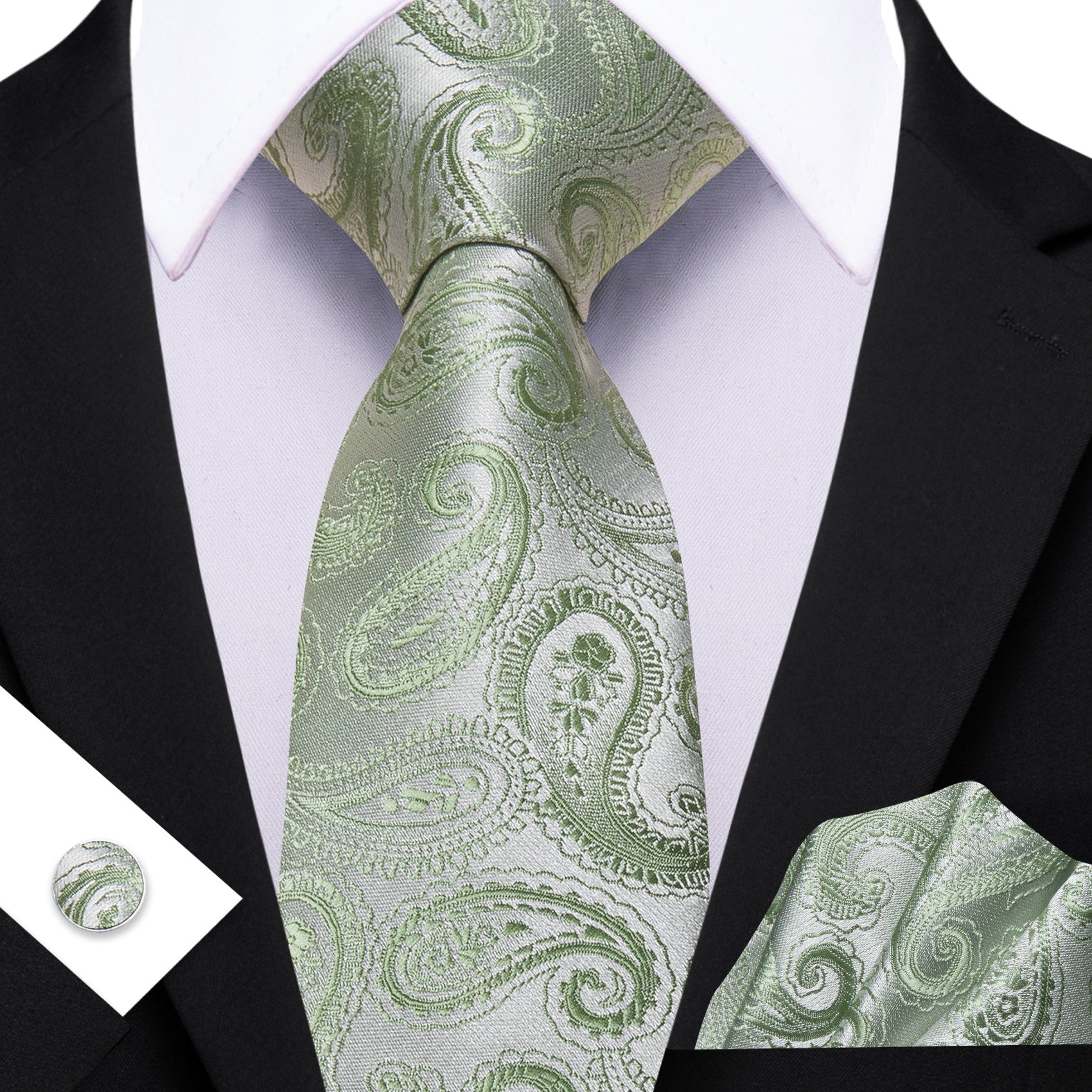Barry. Wang Sage Green Paisley Tie Silk Wedding Necktie Pocket Square Cufflinks Set