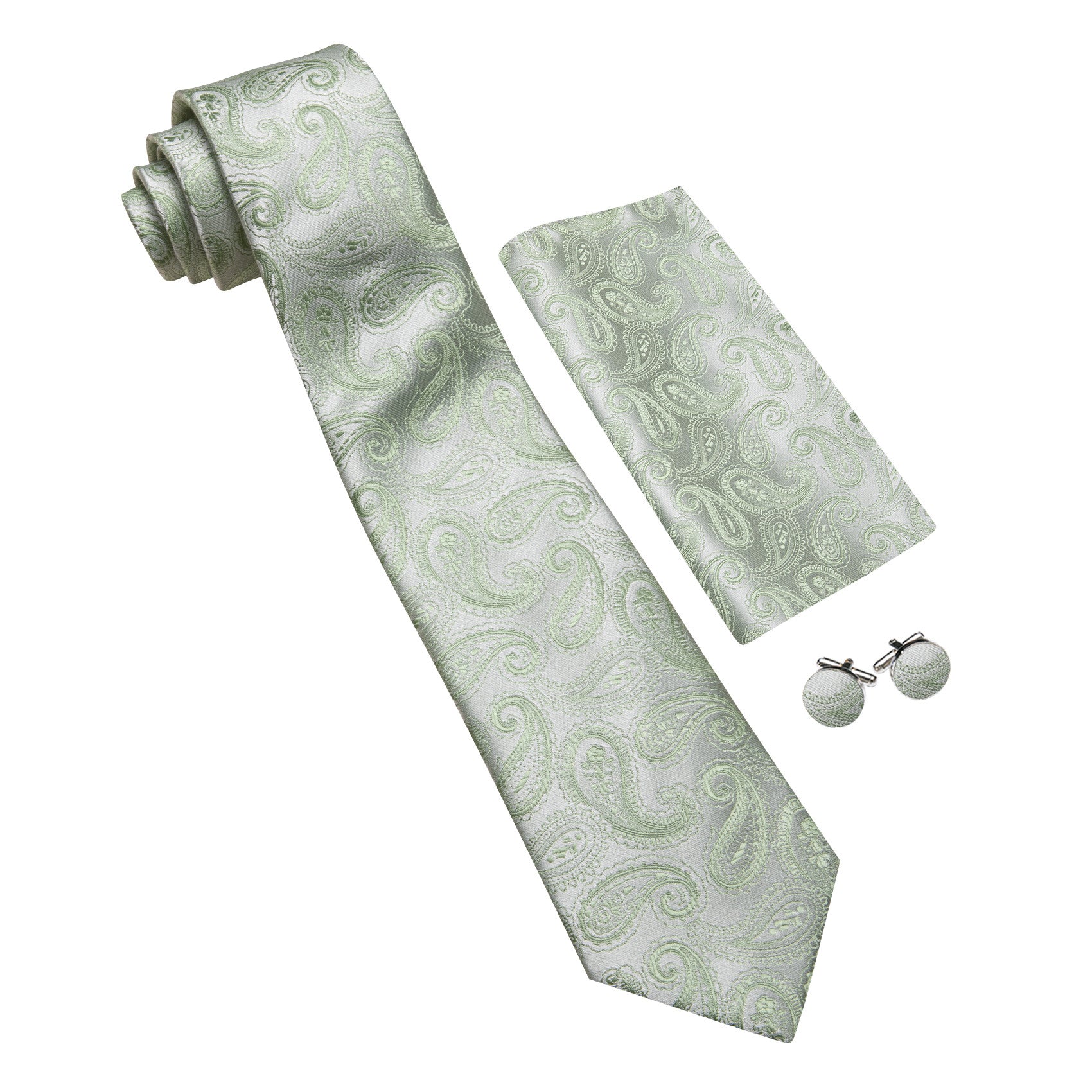 Barry. Wang Sage Green Paisley Tie Silk Wedding Necktie Pocket Square Cufflinks Set