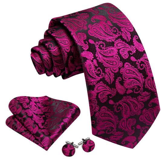 Barry. Wang Magenta Paisley Tie Pocket Square Cufflinks Set Silk Mens Ties