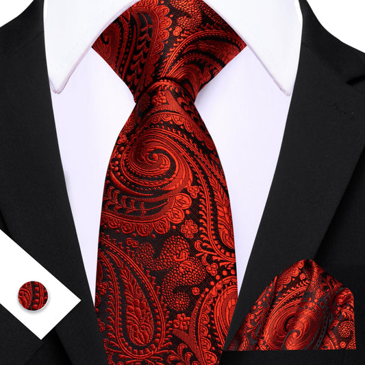 Barry. Wang Red Paisley Ties for Men Silk Suit Necktie Pocket Square Cufflinks Set