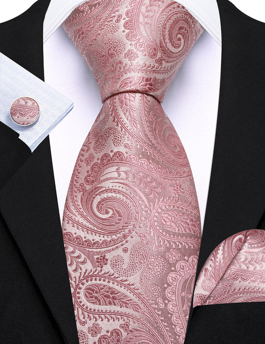Barry. Wang Pink Tie Paisley Tie Silk Tie Pocket Square Cufflinks Set
