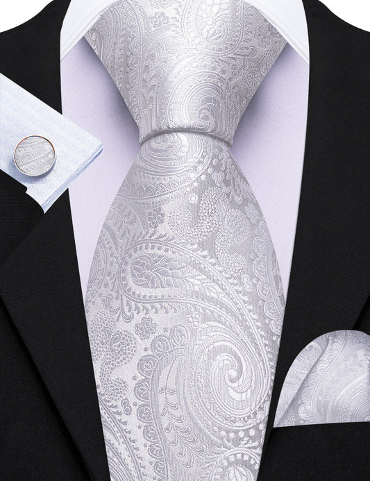 Barry. Wang White Tie Paisley Tie Silk Tie Pocket Square Cufflinks Set For Men