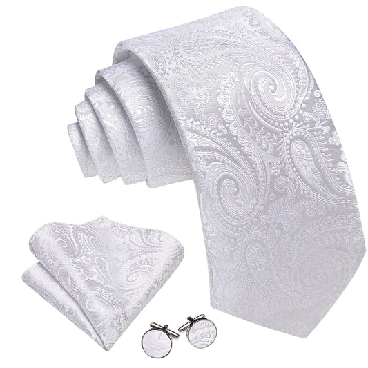 Barry. Wang White Tie Paisley Tie Silk Tie Pocket Square Cufflinks Set For Men
