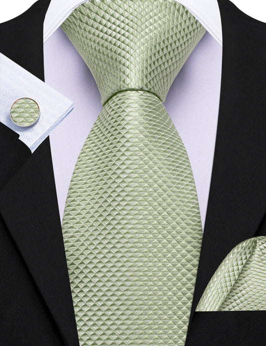 Barry. Wang Sage Green Tie Solid Tie Silk Tie Pocket Square Cufflinks Set