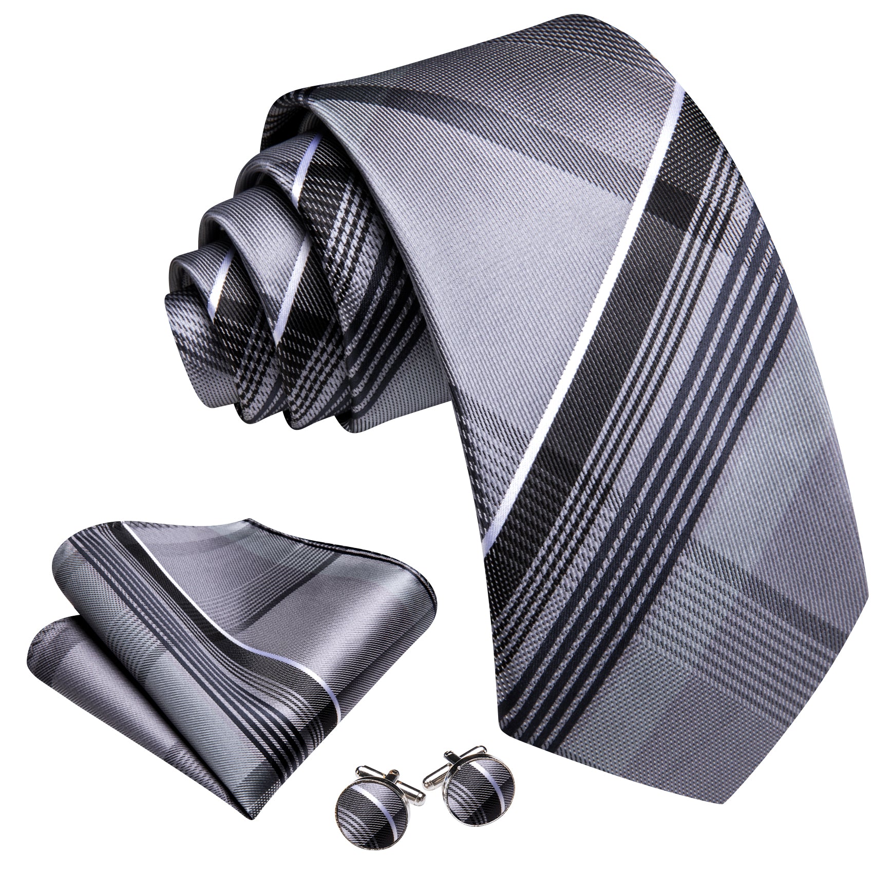 Barry. Wang Men's Necktie Silver  Plaid Tie Handkerchief Cufflinks Set