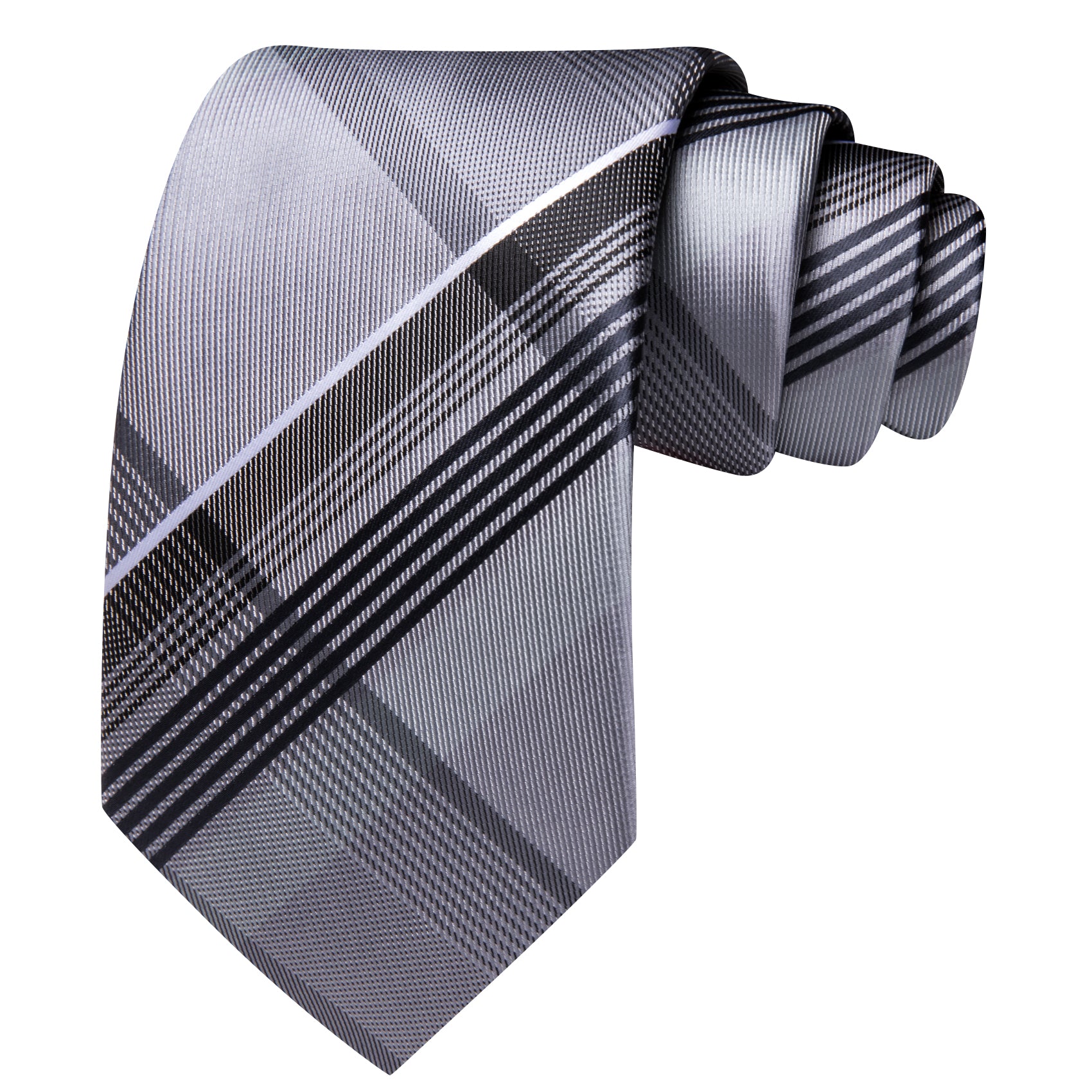 Barry. Wang Men's Necktie Silver  Plaid Tie Handkerchief Cufflinks Set