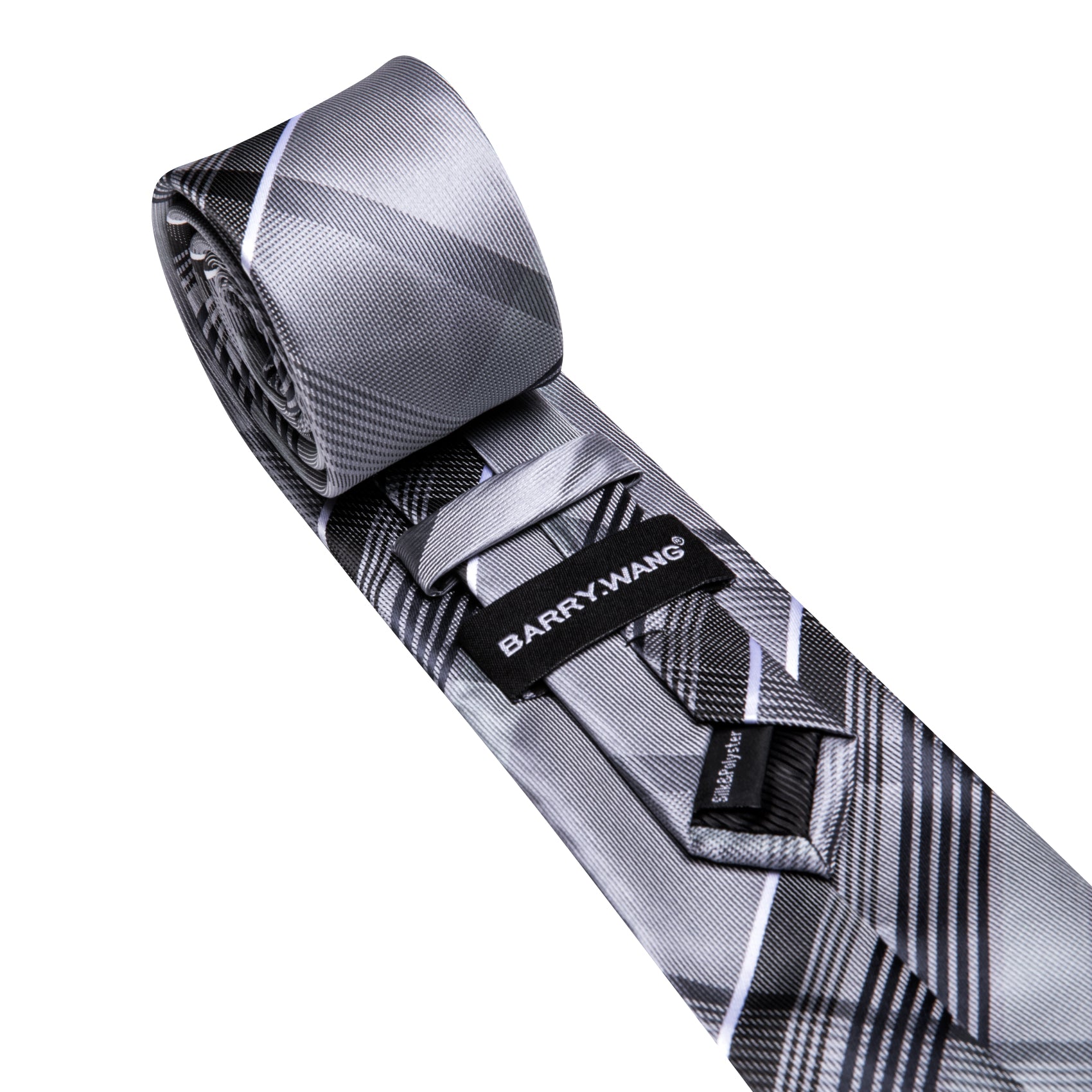 Barry. Wang Men's Necktie Silver  Plaid Tie Handkerchief Cufflinks Set