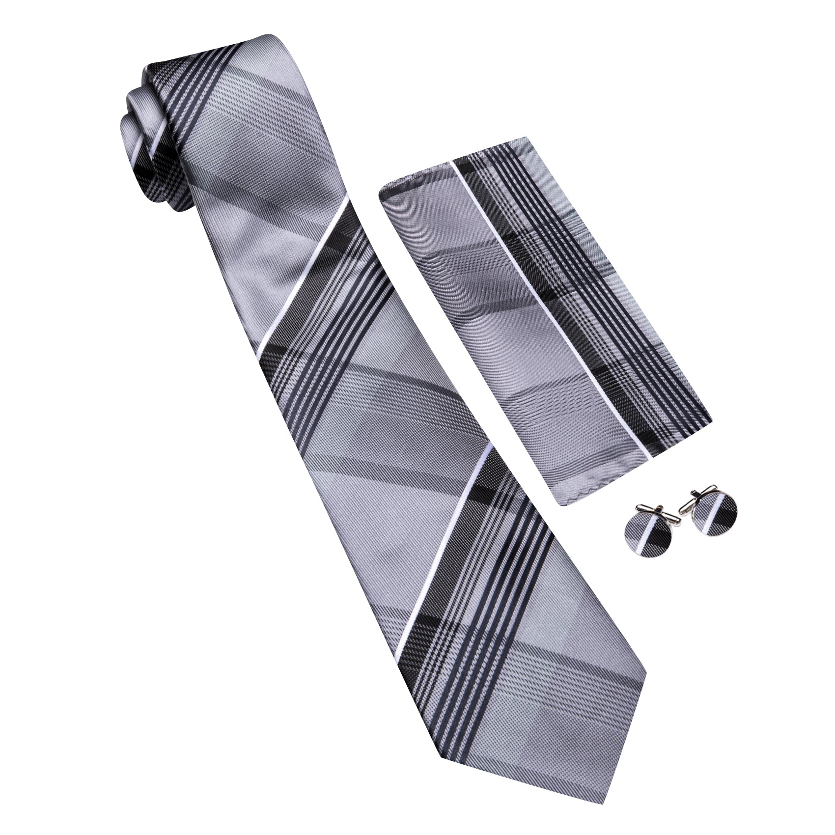 Barry. Wang Men's Necktie Silver  Plaid Tie Handkerchief Cufflinks Set