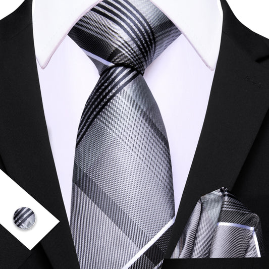 Barry. Wang Men's Necktie Silver  Plaid Tie Handkerchief Cufflinks Set