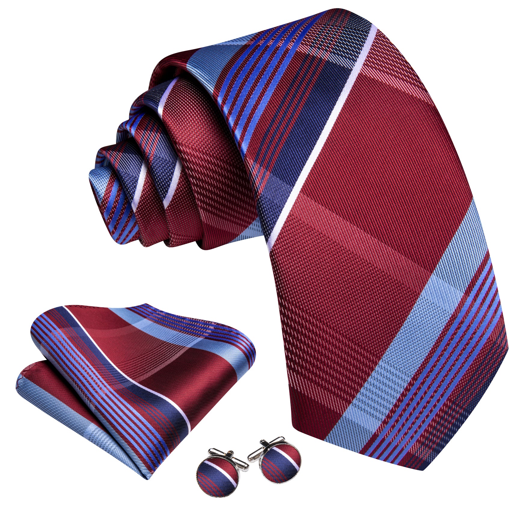Barry. Wang Men's Necktie Burgundy Blue  Plaid Tie Handkerchief Cufflinks Set