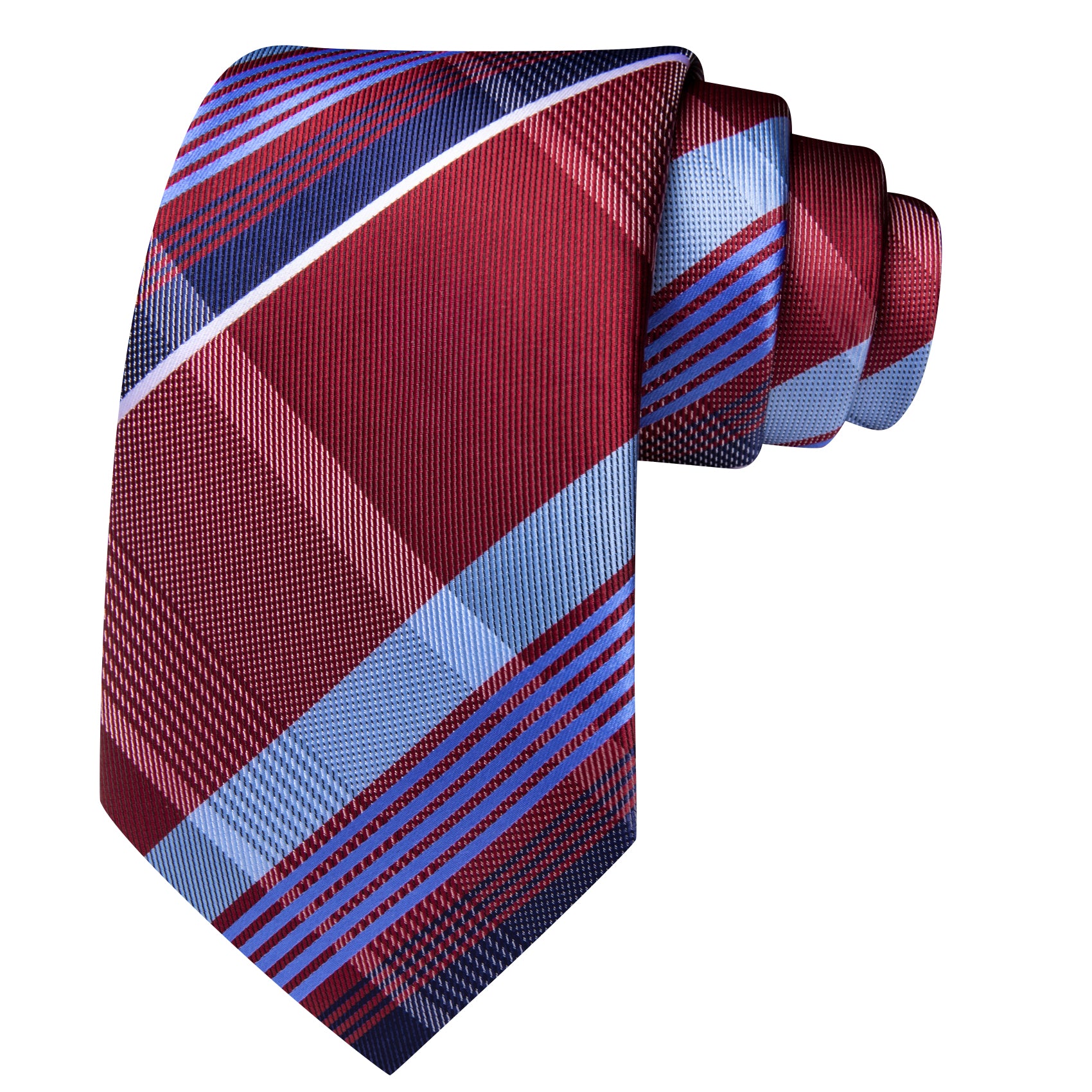 Barry. Wang Men's Necktie Burgundy Blue  Plaid Tie Handkerchief Cufflinks Set