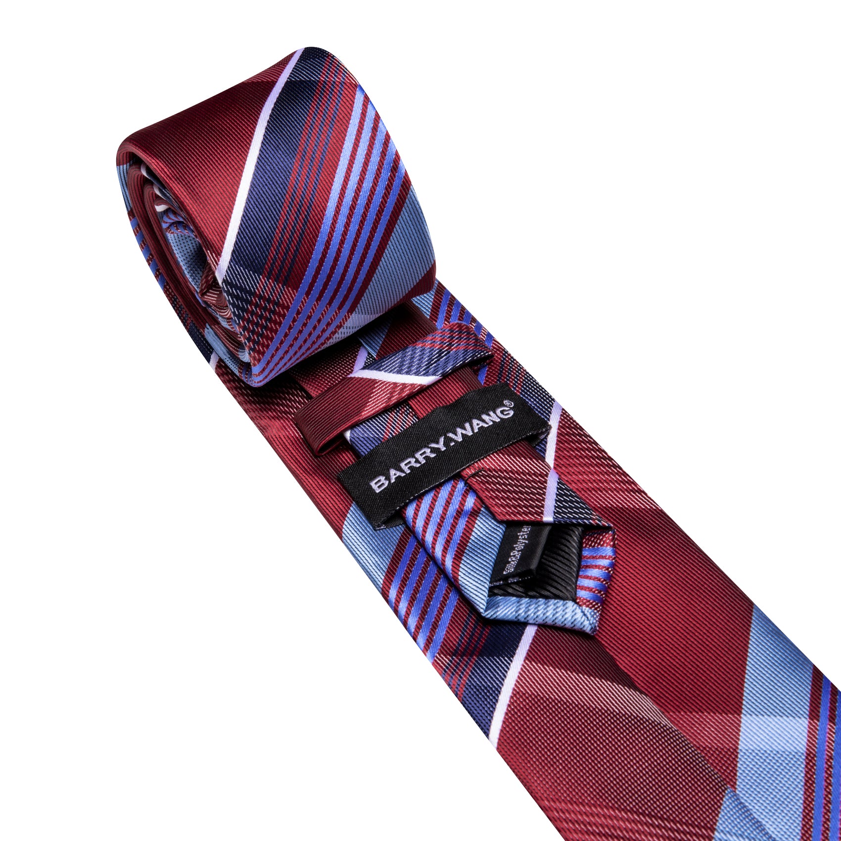 Barry. Wang Men's Necktie Burgundy Blue  Plaid Tie Handkerchief Cufflinks Set