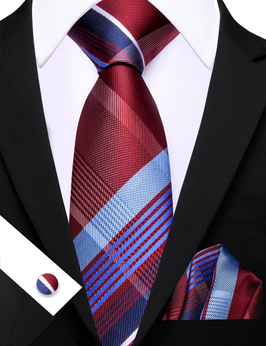Barry. Wang Men's Necktie Burgundy Blue  Plaid Tie Handkerchief Cufflinks Set
