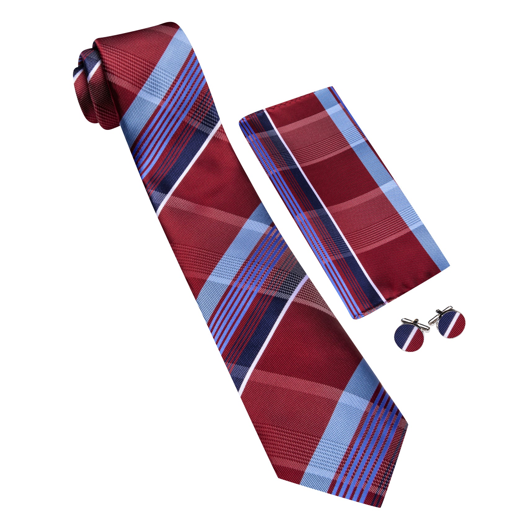 Barry. Wang Men's Necktie Burgundy Blue  Plaid Tie Handkerchief Cufflinks Set