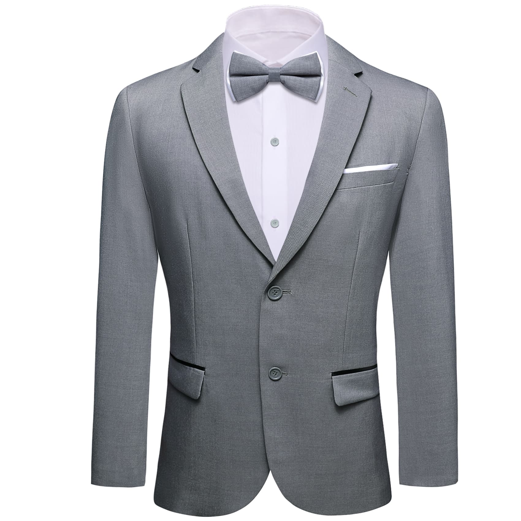 Wedding Button Up Blazer Solid Light Grey Men's Bowtie Suit
