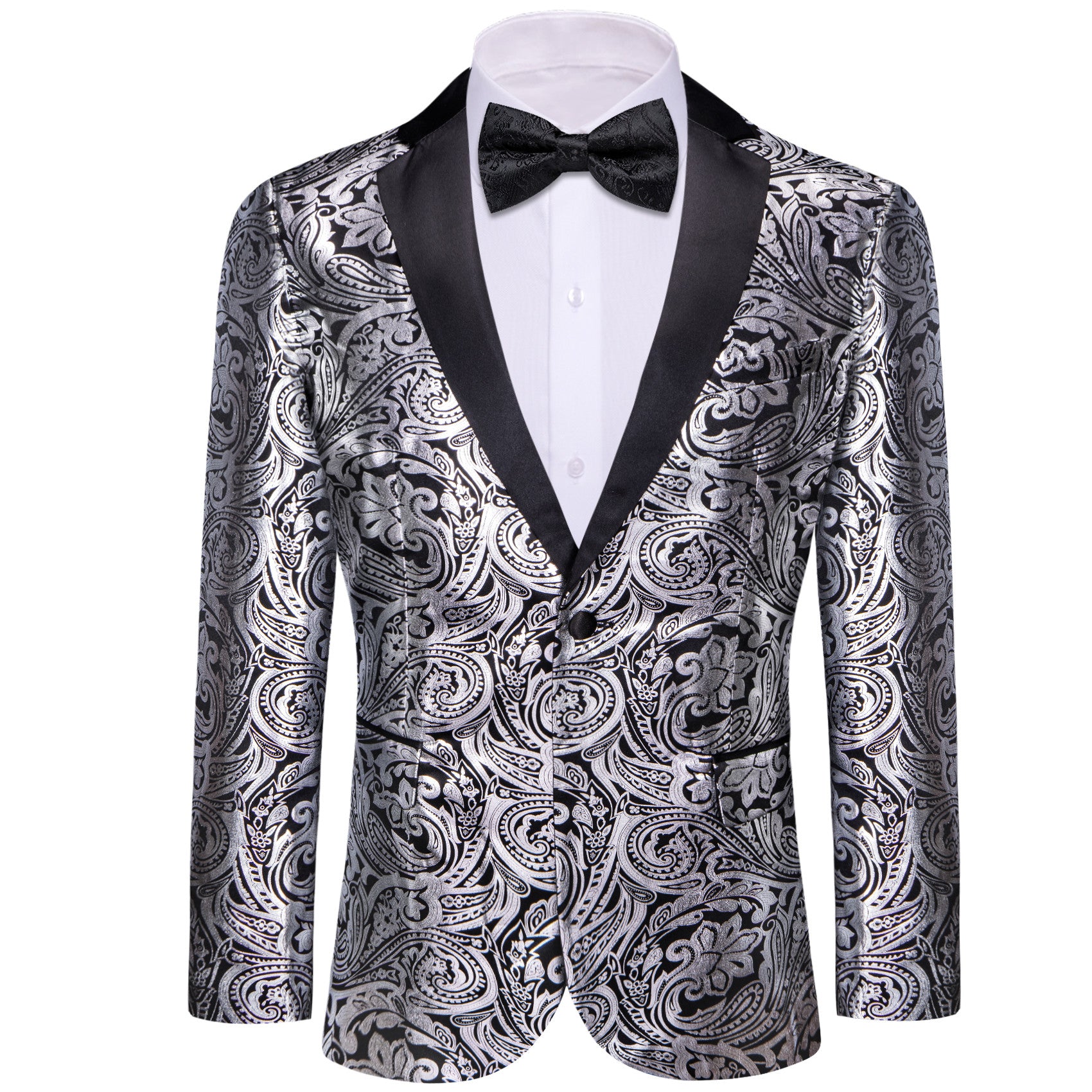 Barry. Wang Mens Silver Black Pailey Suit Slim One Button Wedding Blazer