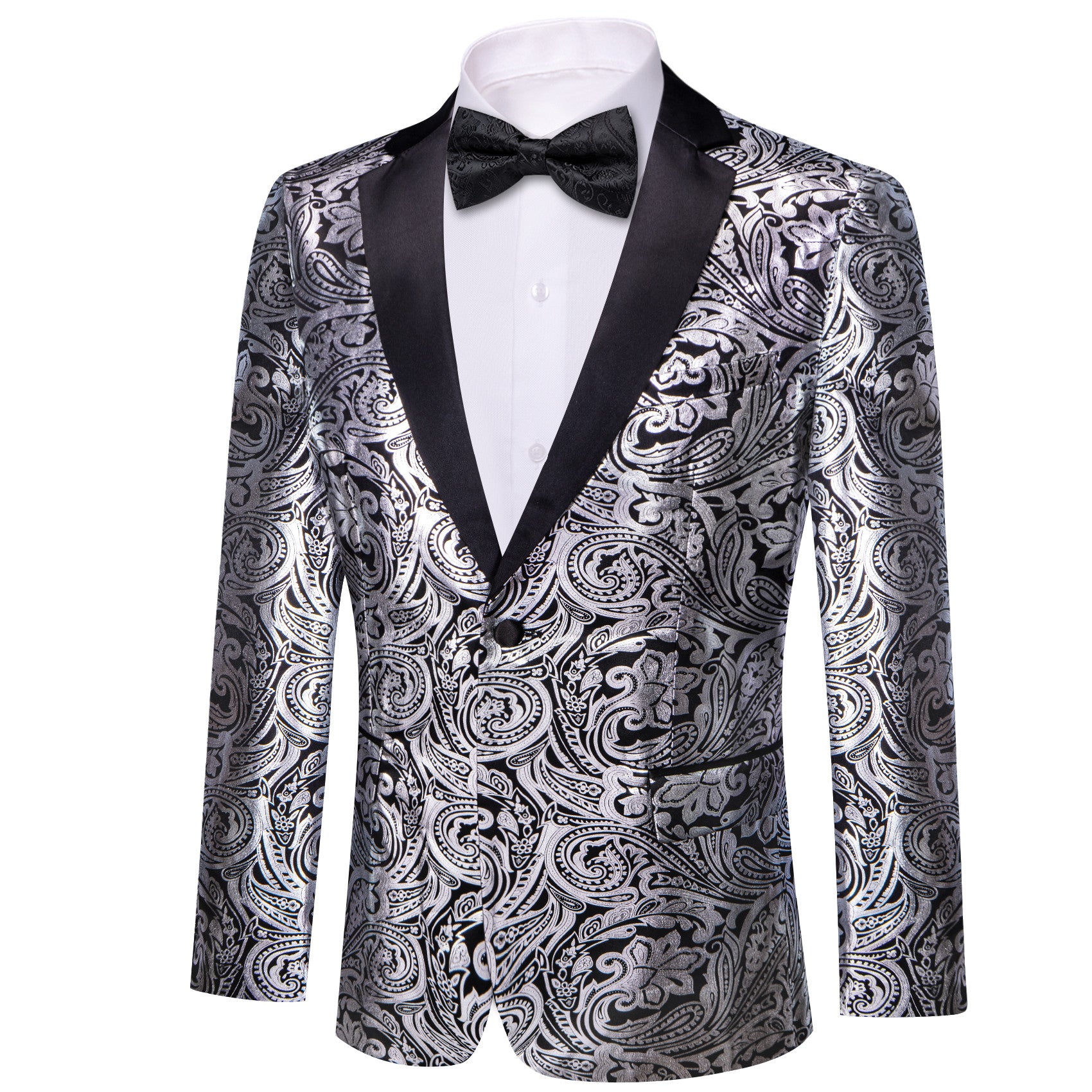 Barry. Wang Mens Silver Black Pailey Suit Slim One Button Wedding Blazer