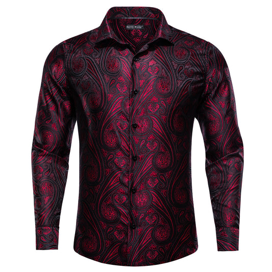 Barry.Wang 2pcs Mens Shirts Burgundy Navy Paisley Shirt Silk Shirt