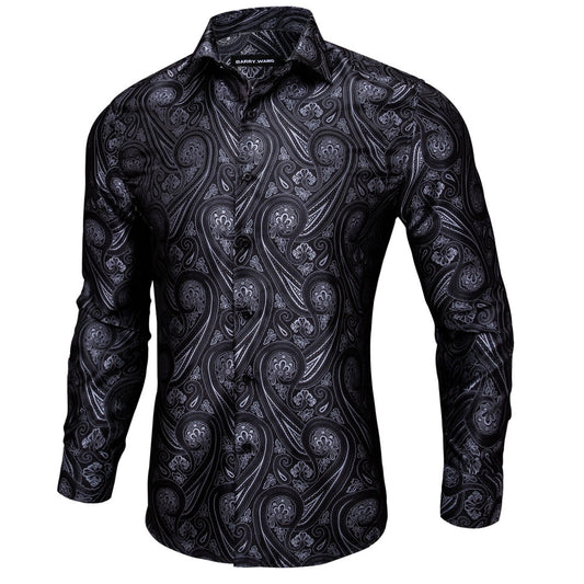 Barry. Wang Mens Western Shirt Black Grey Paisley Long Sleeve Button Down Dress Shirt