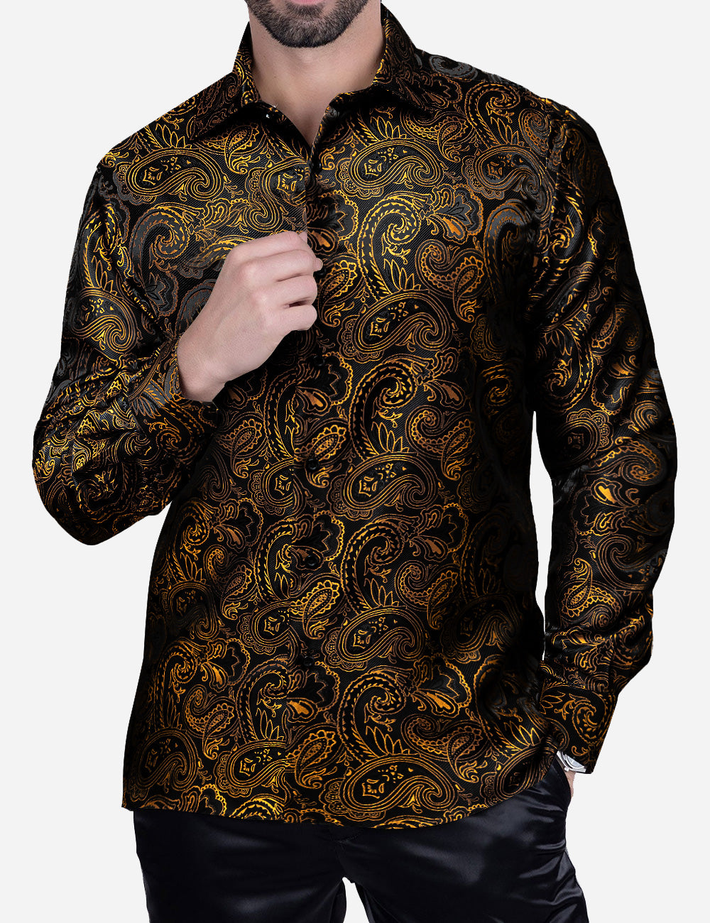 black and gold dress shirt for men Black Dress Shirt With Gold Paisley Accent 2XL