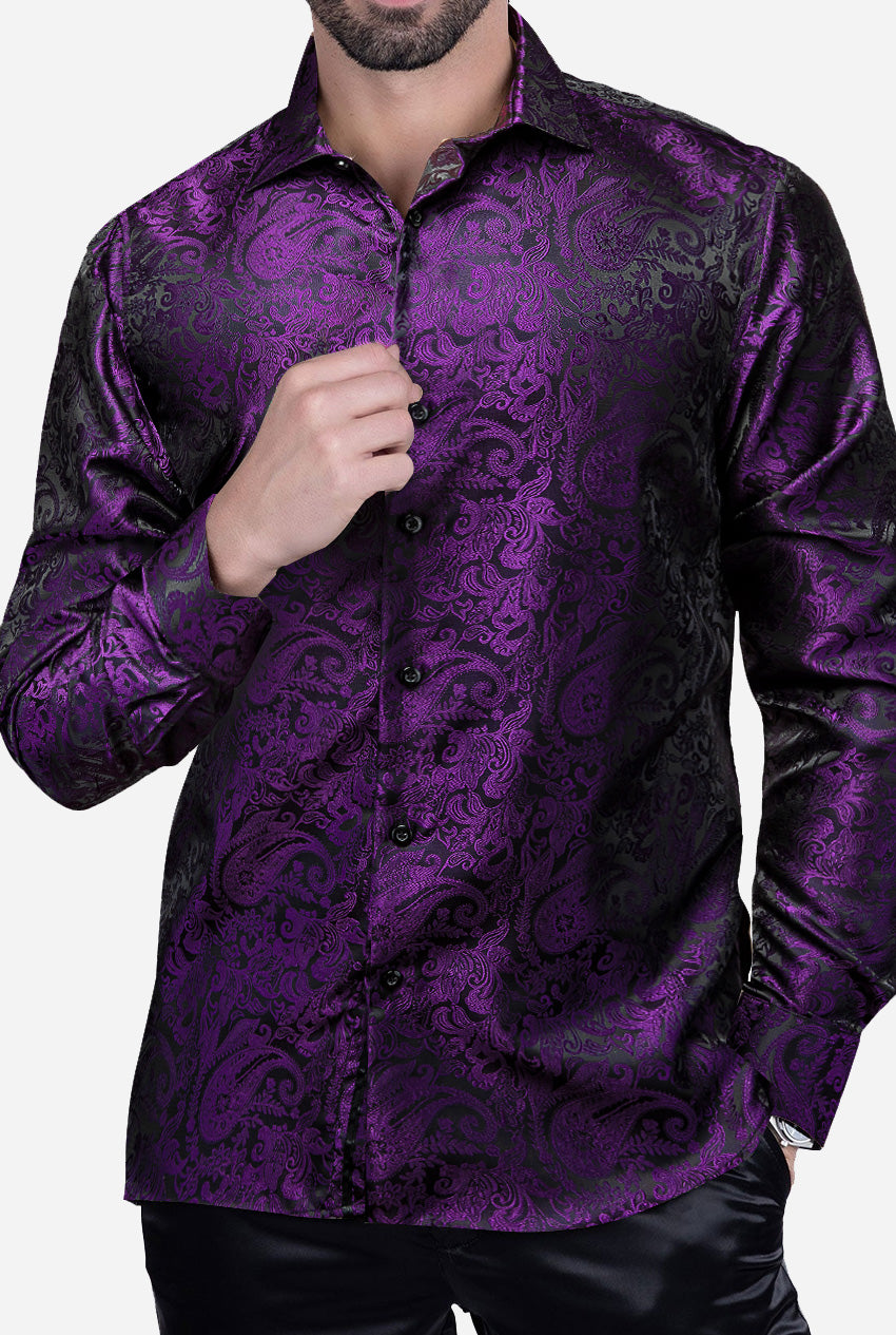 Barry.Wang 3pcs Men Dress Shirts Paisley Shirt Silk Long Sleeve