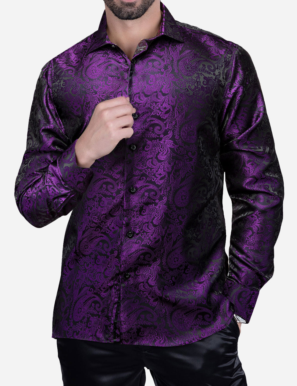 Barry. Wang Mens Purple Dress Shirt Paisley Silk Long Sleeve Button Down Shirt