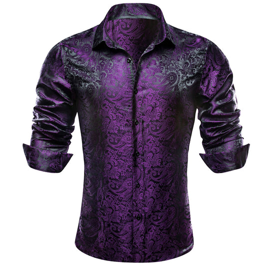Barry. Wang Mens Purple Dress Shirt Paisley Silk Long Sleeve Button Down Shirt