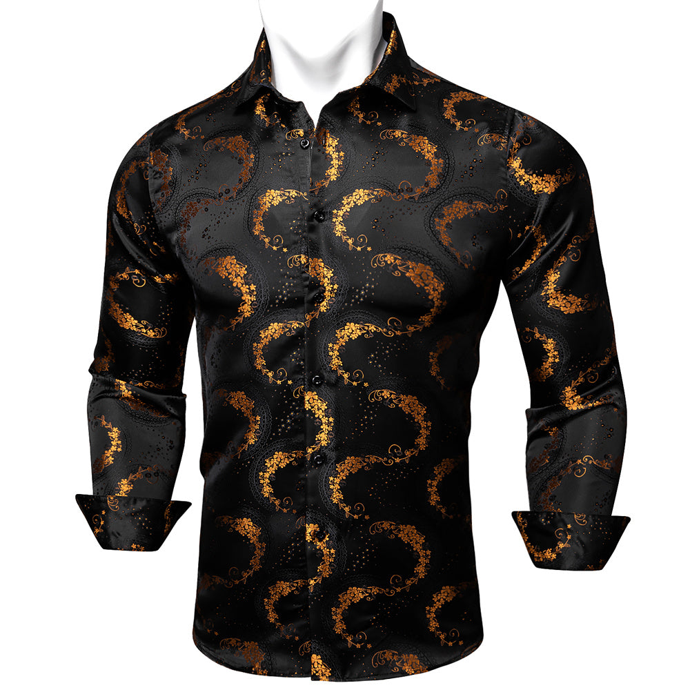 Men's Shirt Black Golden Floral Silk Floral Button Up Shirt