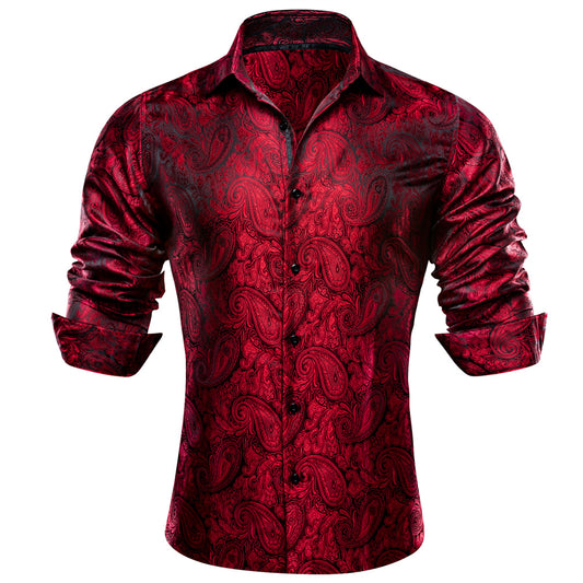 Barry. Wang Mens Burgundy Dress Shirt Paisley Silk Long Sleeve Button Down Formal Shirt