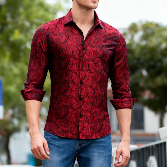 open lace back dress Cinch® Men's Black & Red Paisley Print Long Sleeve Button Front Wester main image 0