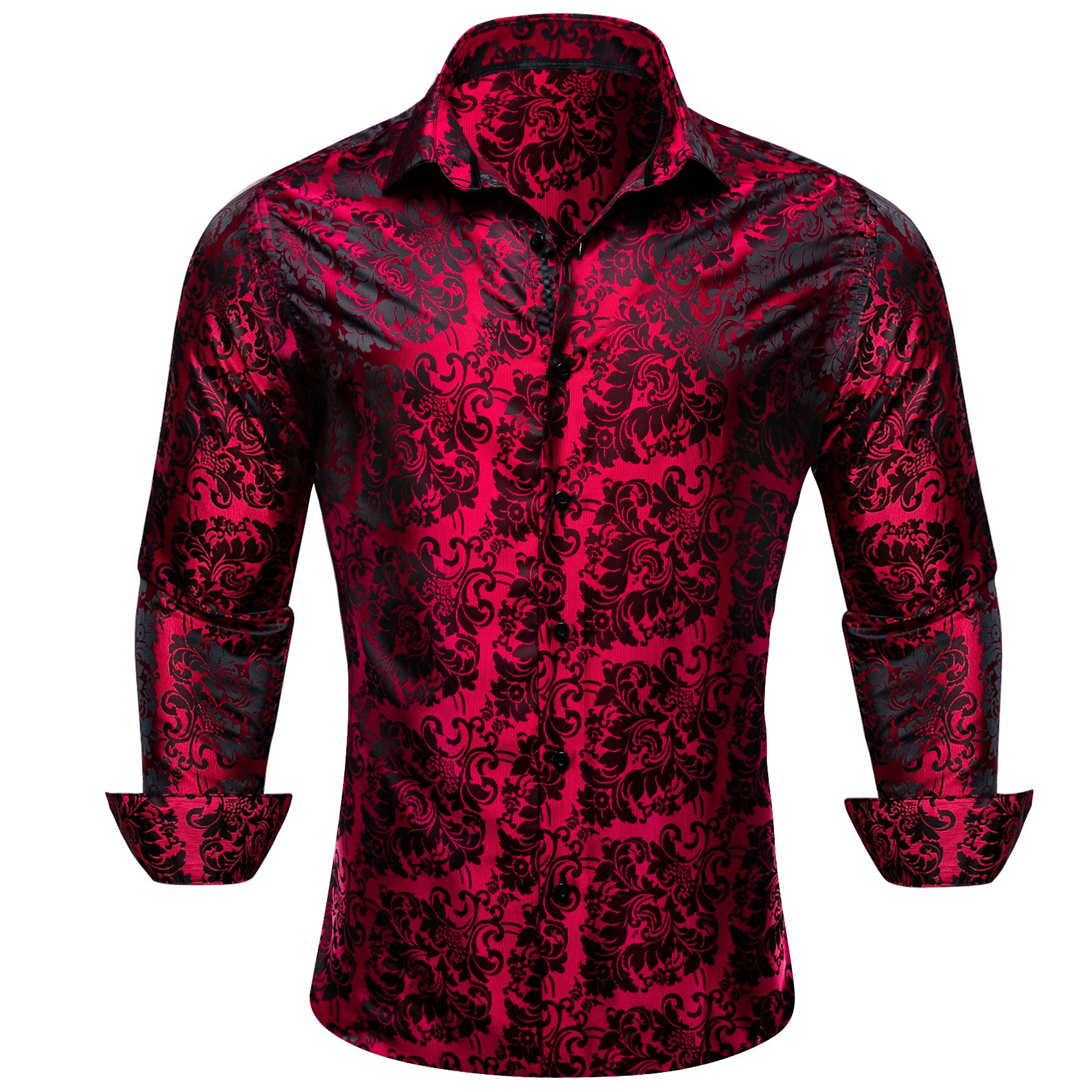 Barry.wang Button Down Shirt Red Black Floral Dress Silk Shirt for Men