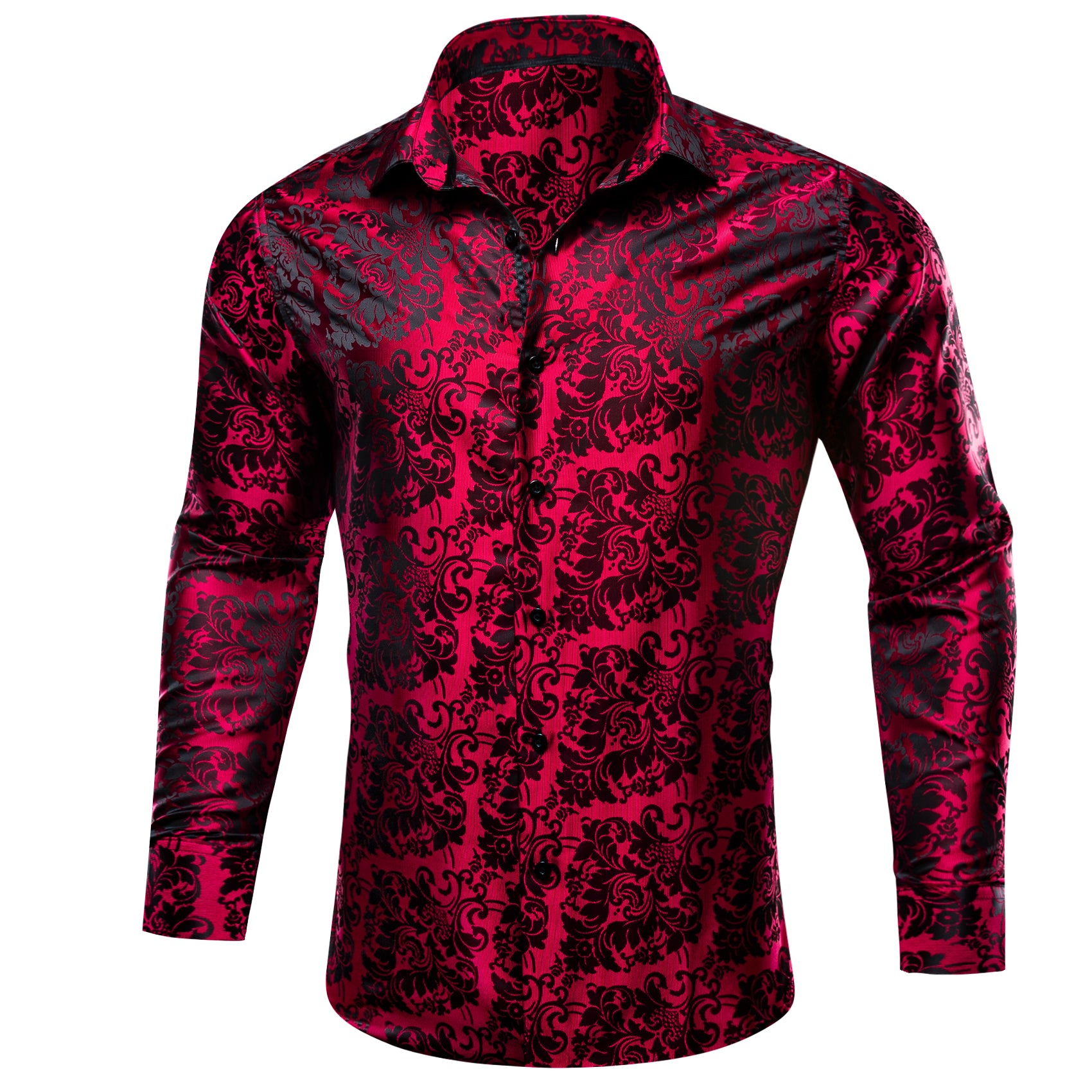 Barry.wang Button Down Shirt Red Black Floral Dress Silk Shirt for Men