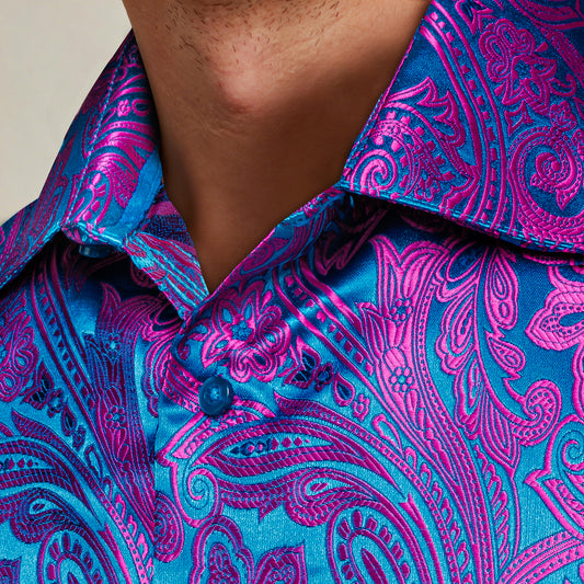 Barry. Wang Mens Purple Dress Shirt 70s Disco Paisley Shirt Button Down Long Sleeve Tops