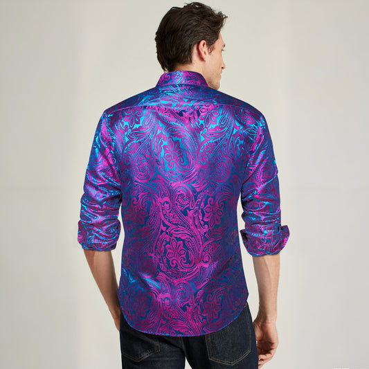 Barry. Wang Mens Purple Paisley Dress Shirt Jacquard Casual Party Long Sleeve Shirt