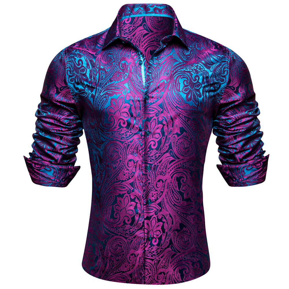 Barry. Wang Mens Purple Paisley Dress Shirt Jacquard Casual Party Long Sleeve Shirt