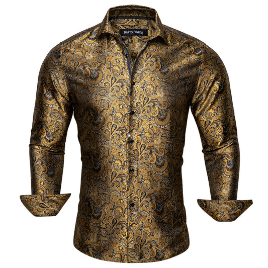 Barry. Wang Mens Gold Dress Shirt Paisley Silk Long Sleeve Button Down Shirt