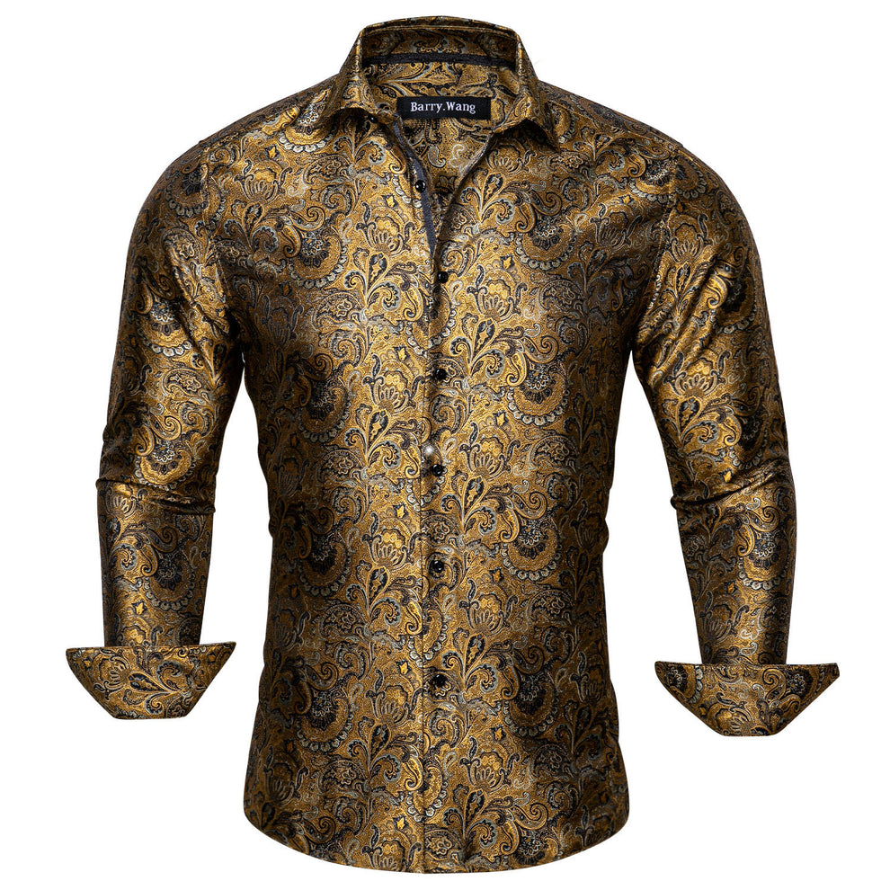Barry. Wang Mens Gold Dress Shirt Paisley Silk Long Sleeve Button Down
