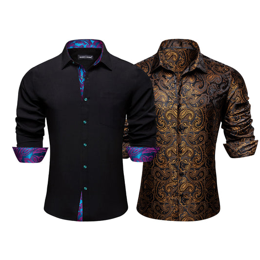 Barry.Wang 2pcs Mens Dress Shirts Brown Paisley Black Splicing Silk Long Sleeve Shirt